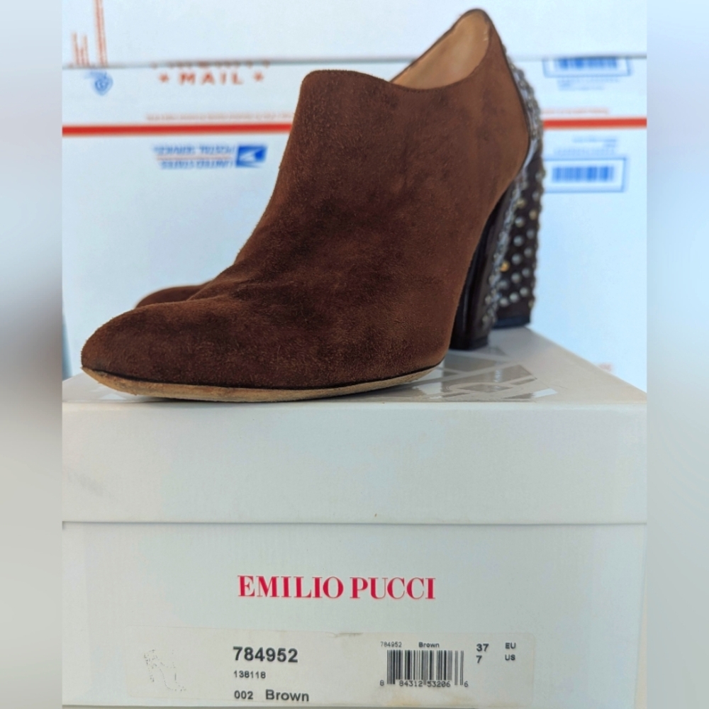 Vintage Emilio Pucci Studded Patent Leather Heel Booties Brown 37/6.5